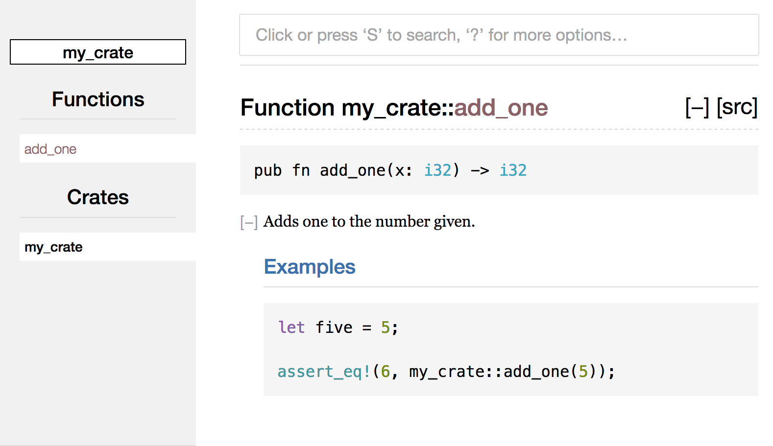 Rendered HTML documentation for the `add_one` function of `my_crate`